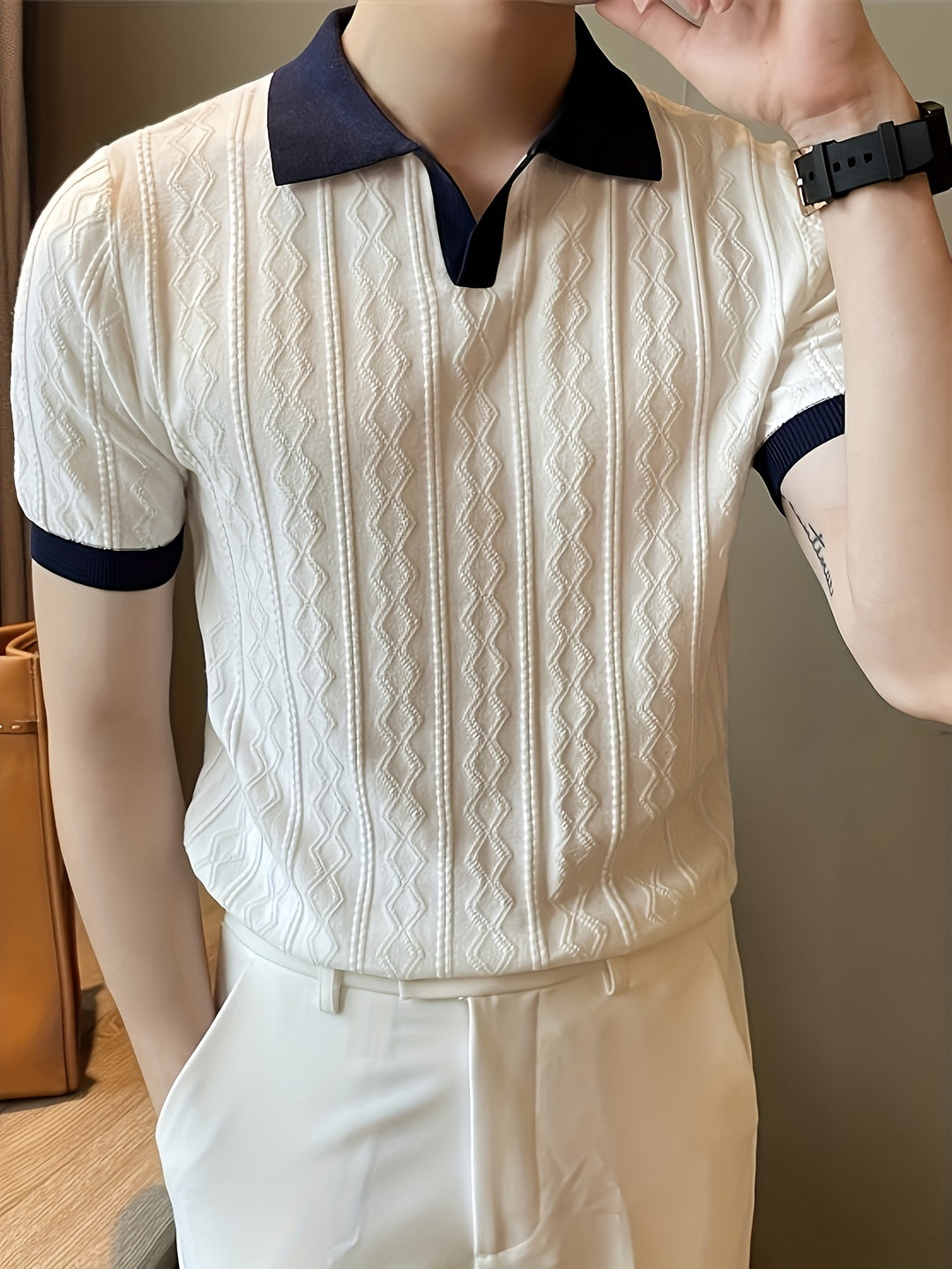 Damien | Textured Contrast-Collar Polo Shirt