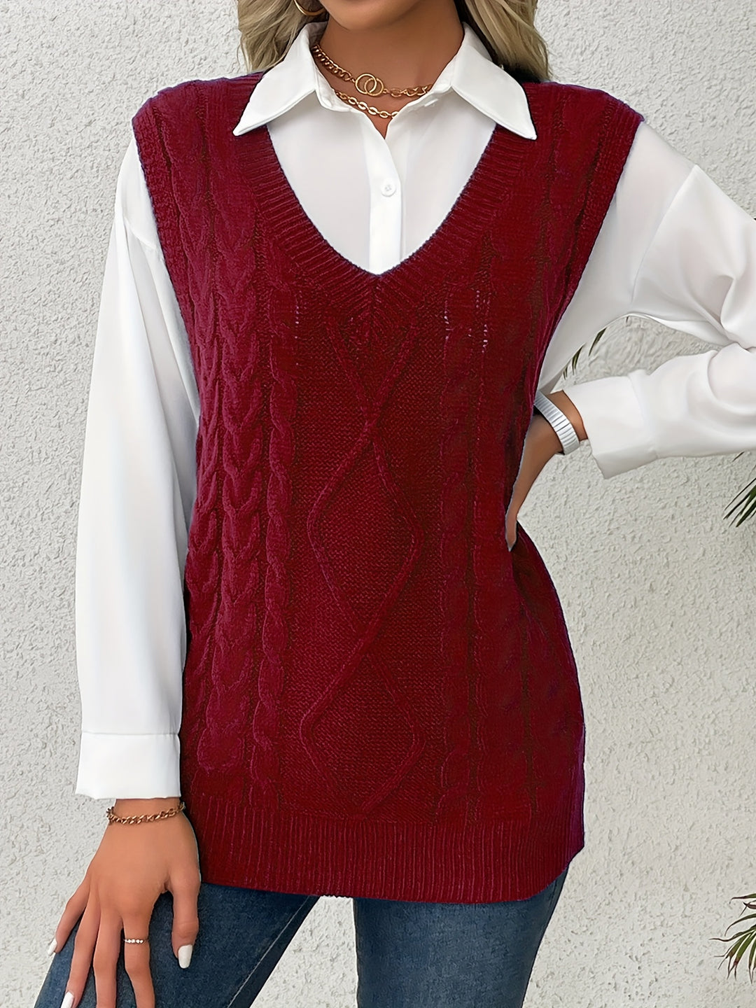 Genevieve | Cable-Knit V-Neck Sweater Vest