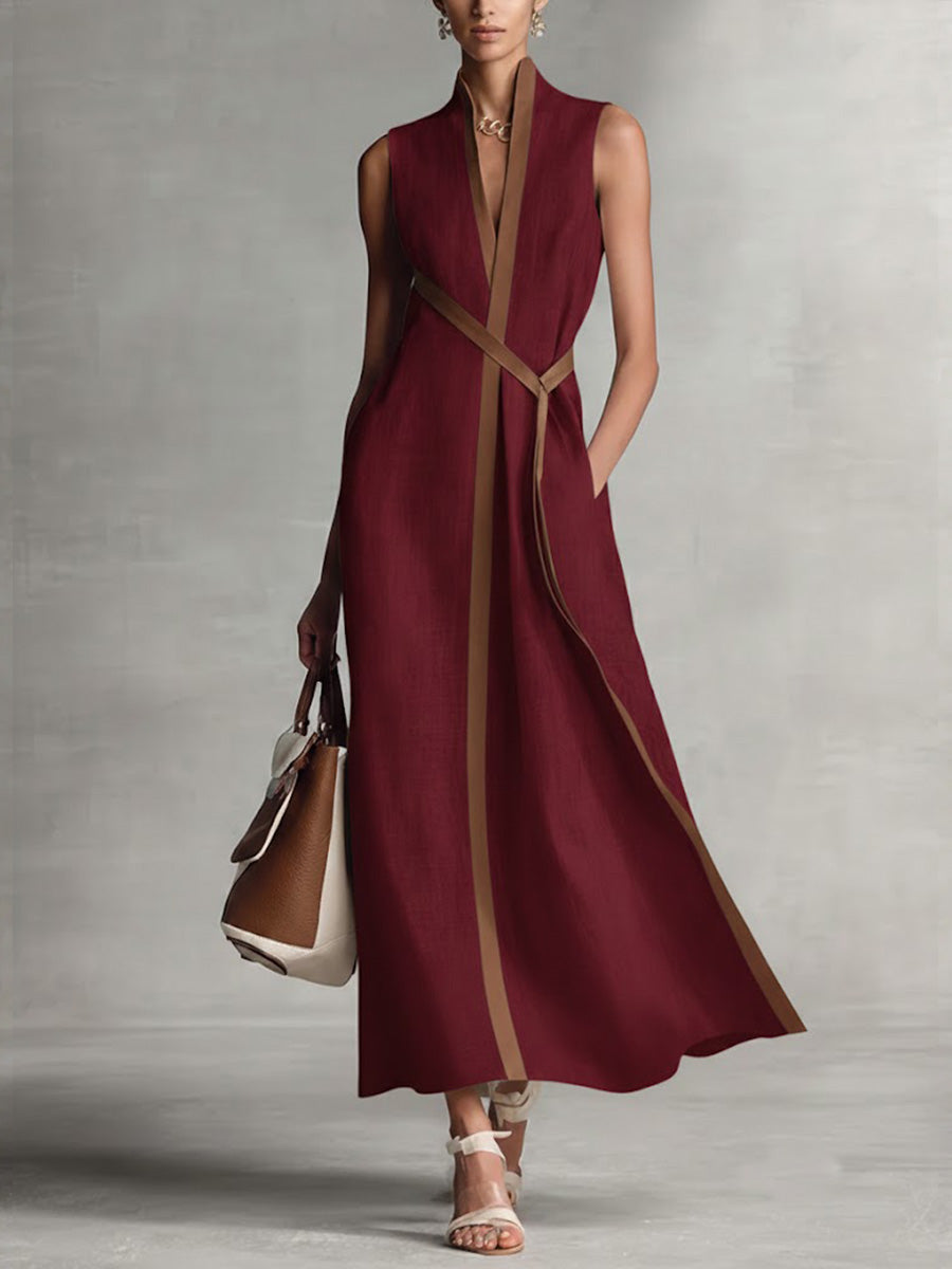 Lucille | Belted Contrast-Trim Midi Dress