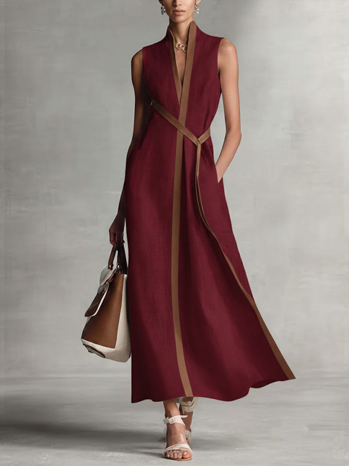 Lucille | Belted Contrast-Trim Midi Dress