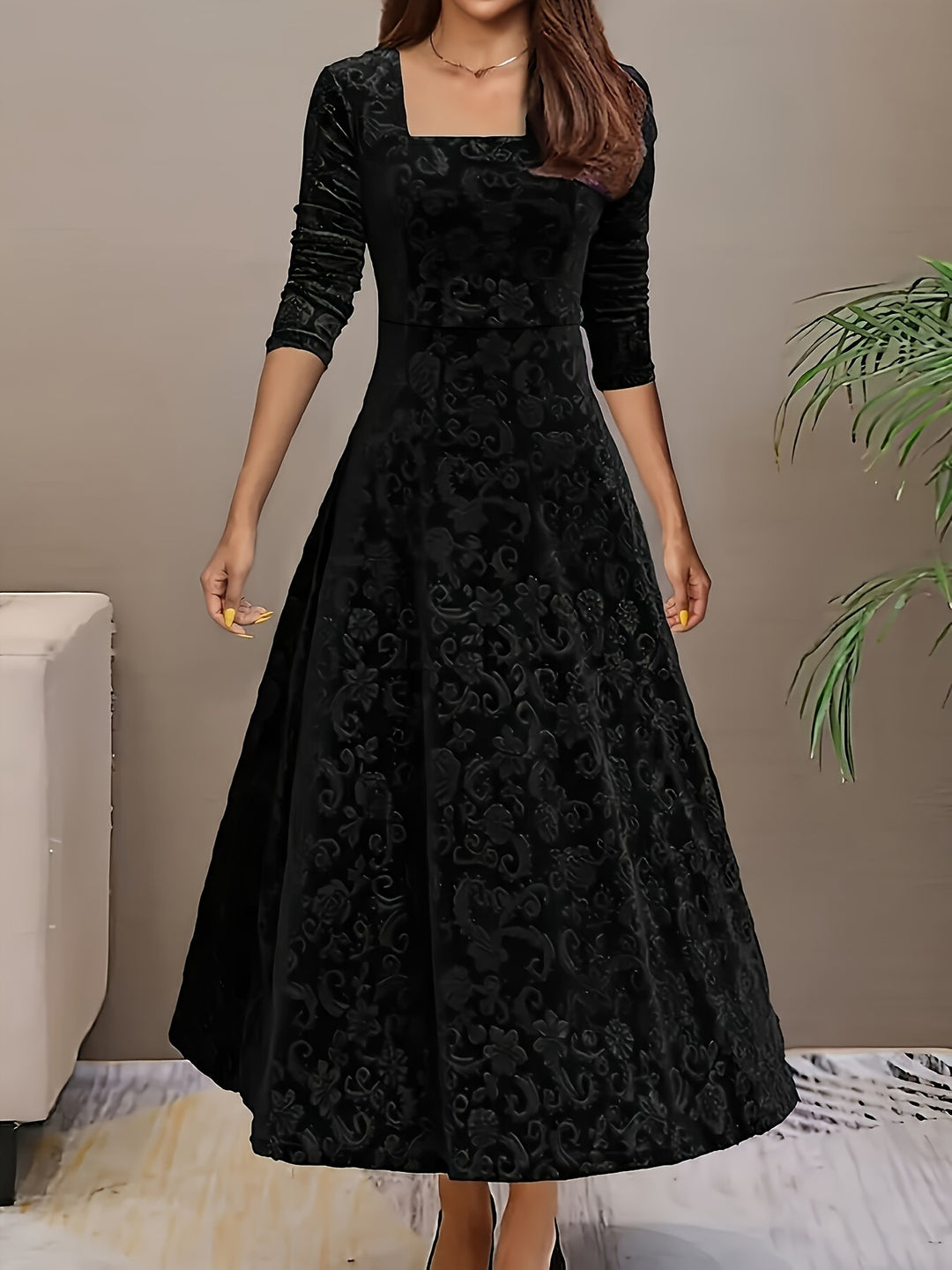 Rosalind | Elegant Floral Square Neck Dress