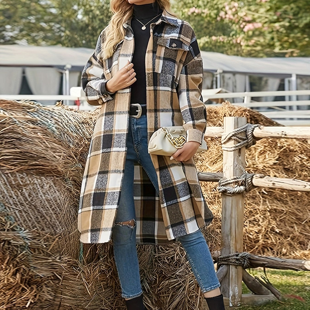 Linda | Cozy Long Plaid Button-Front Coat