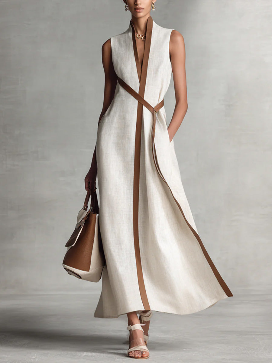 Lucille | Belted Contrast-Trim Midi Dress