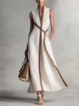 Lucille | Belted Contrast-Trim Midi Dress