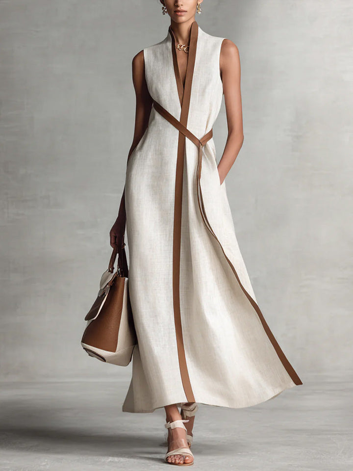 Lucille | Belted Contrast-Trim Midi Dress