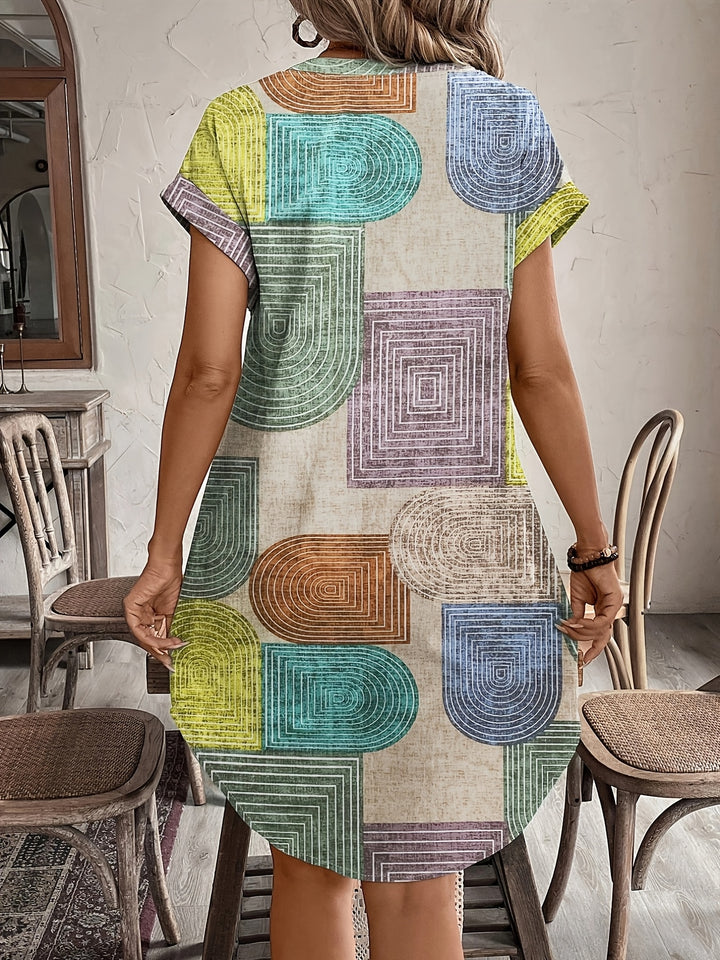 Estelle | Retro Print V-Neck Shirt Dress