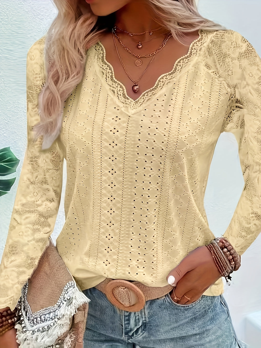 Susanna | Lace-Sleeve Tie-Neck Top