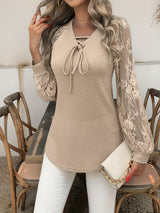Susanna | Lace-Sleeve Tie-Neck Top