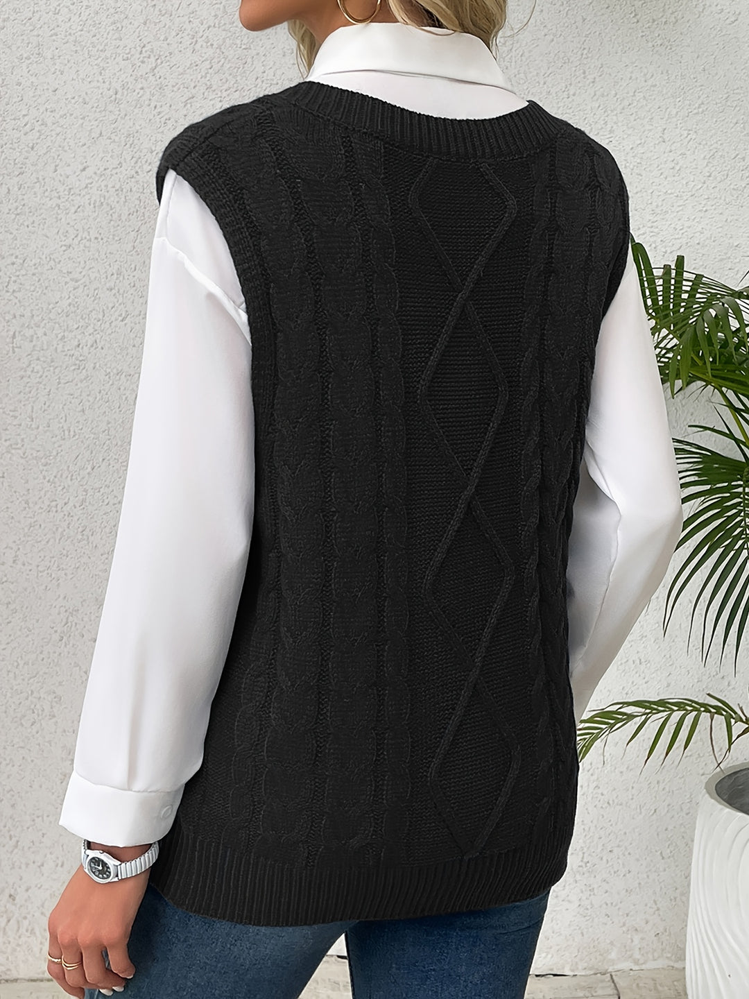 Genevieve | Cable-Knit V-Neck Sweater Vest