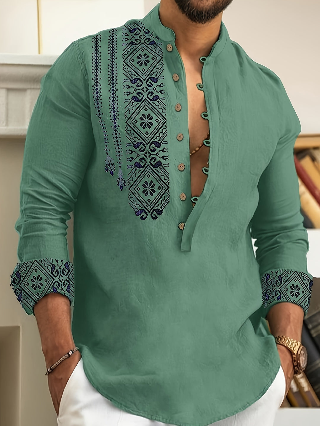 Rafael | Patterned Stand-Collar Henley Shirt