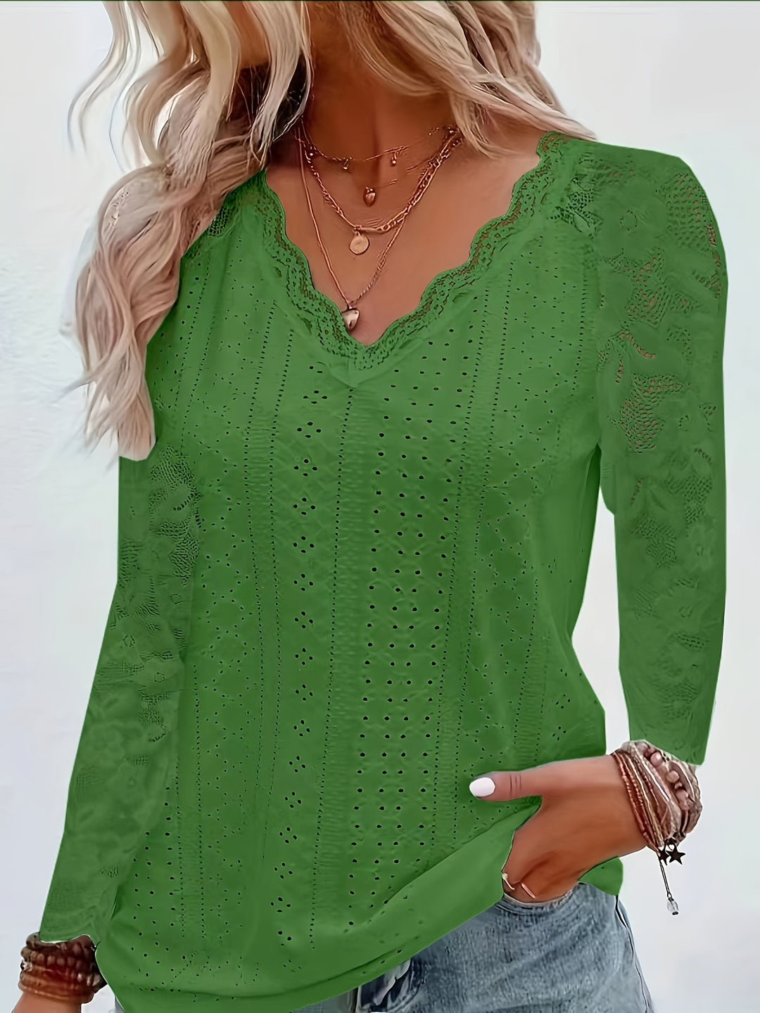 Susanna | Lace-Sleeve Tie-Neck Top