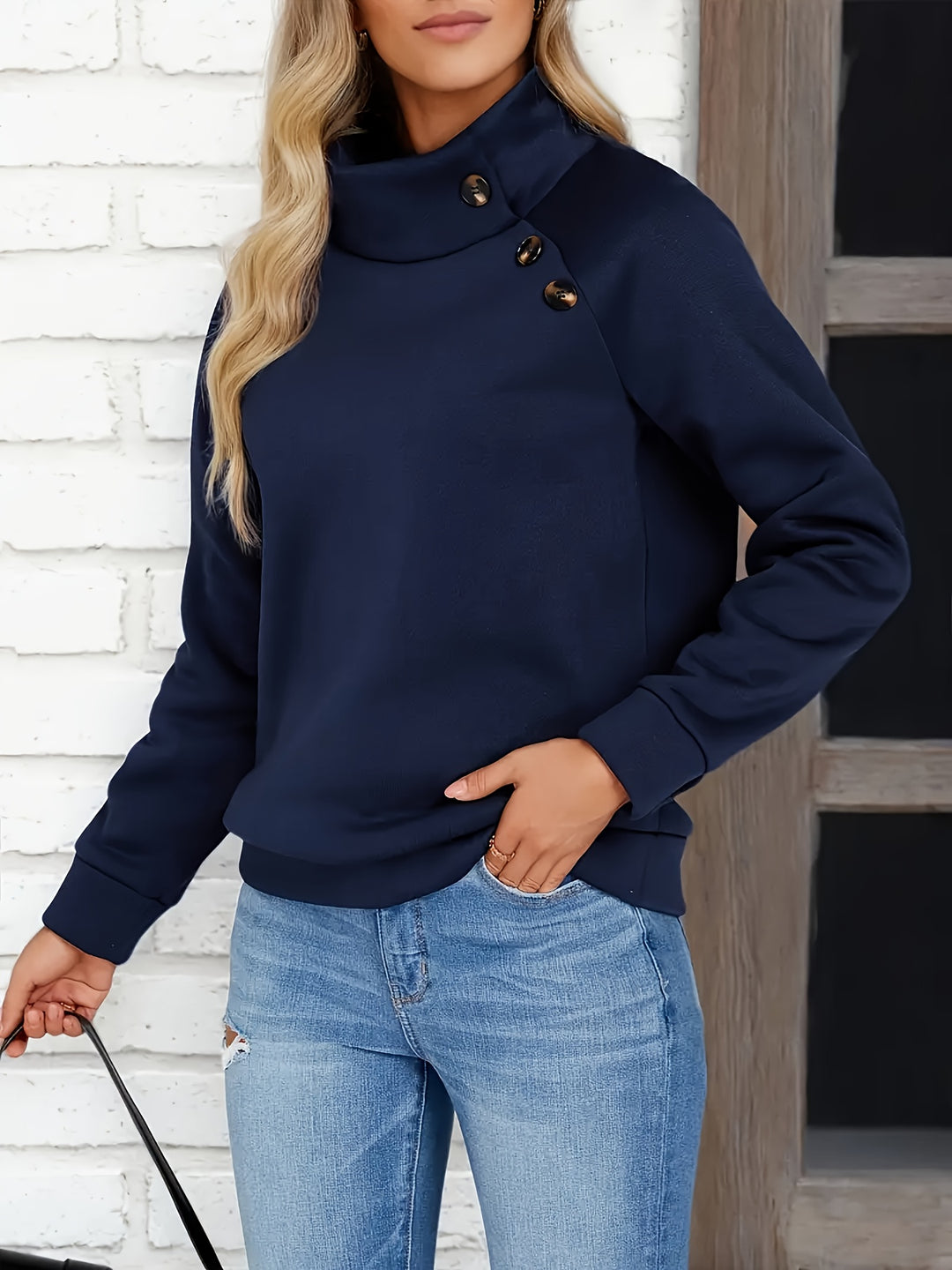 Sylvia | Button-Accent Stand Collar Sweatshirt