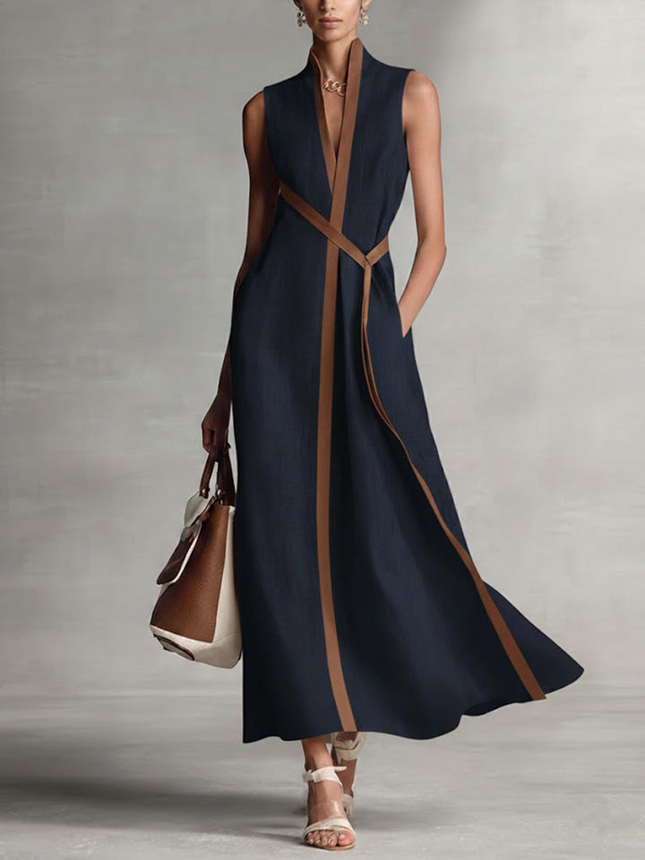 Lucille | Belted Contrast-Trim Midi Dress