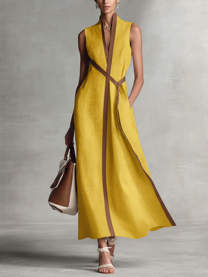 Lucille | Belted Contrast-Trim Midi Dress