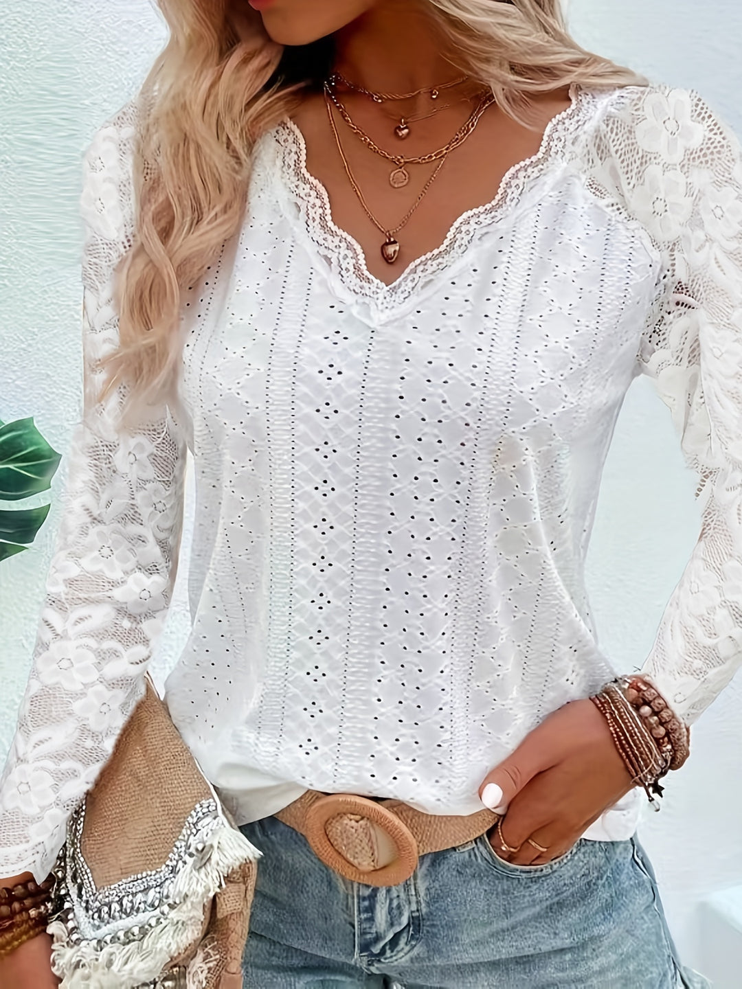 Susanna | Lace-Sleeve Tie-Neck Top