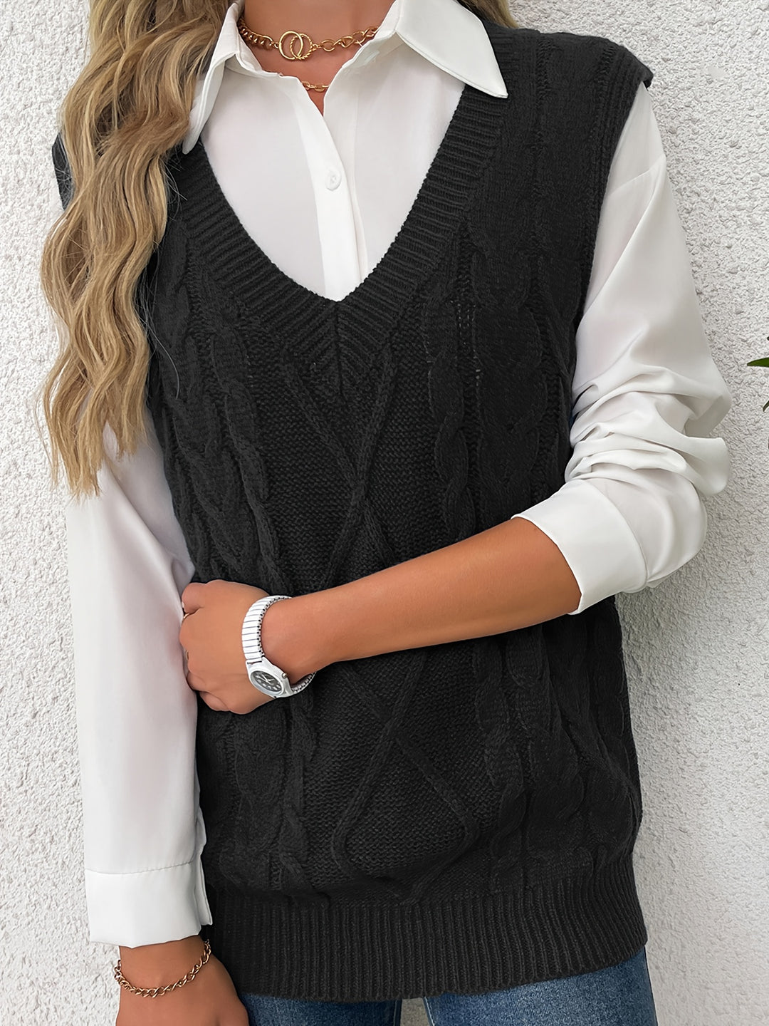 Genevieve | Cable-Knit V-Neck Sweater Vest