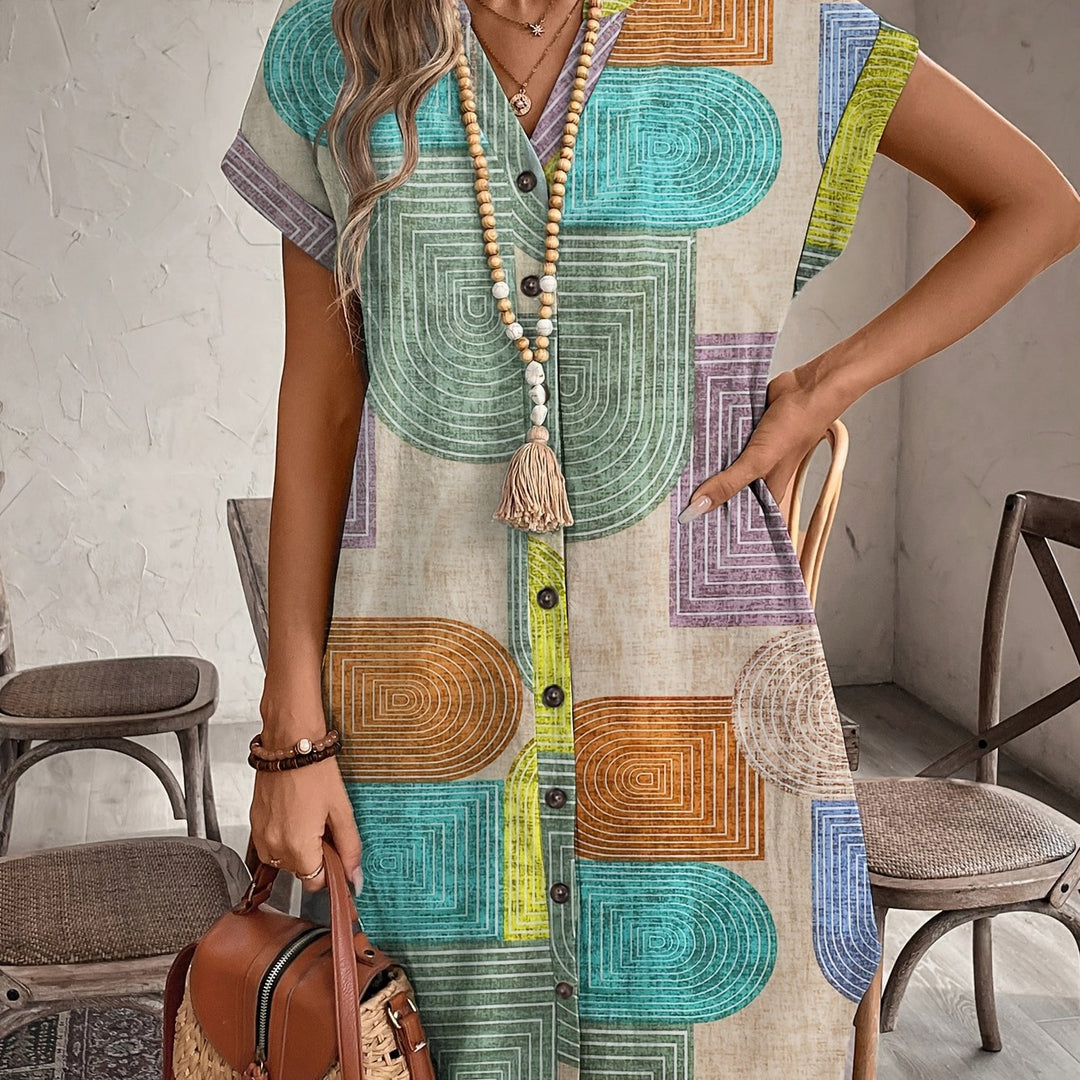 Estelle | Retro Print V-Neck Shirt Dress