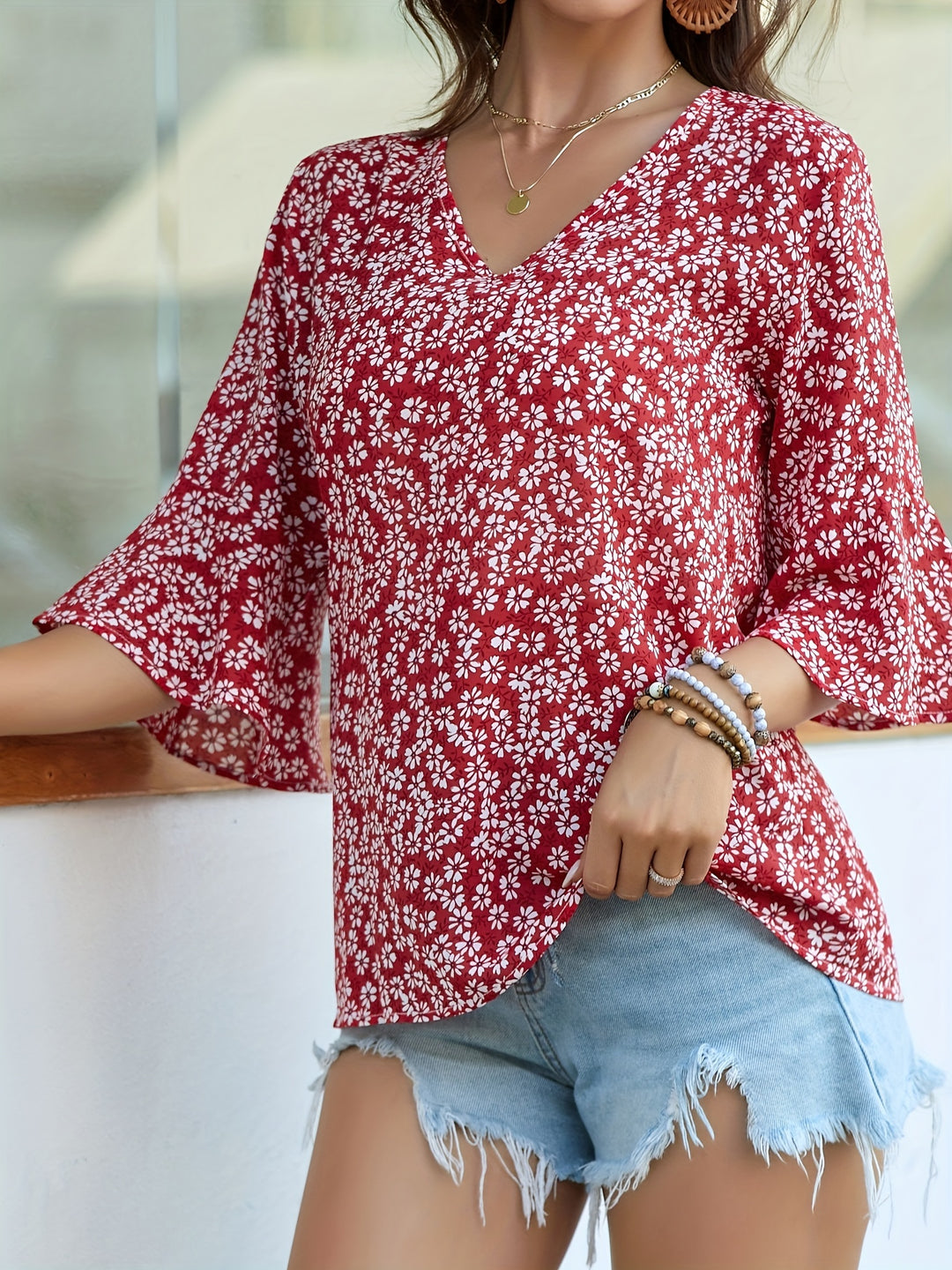 Marisol | Floral V-Neck Ruffle Blouse