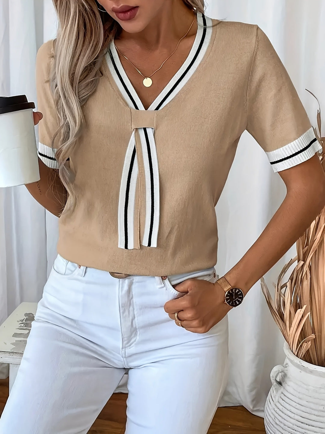 Maeve | Tie-Neck Short Sleeve Pullover