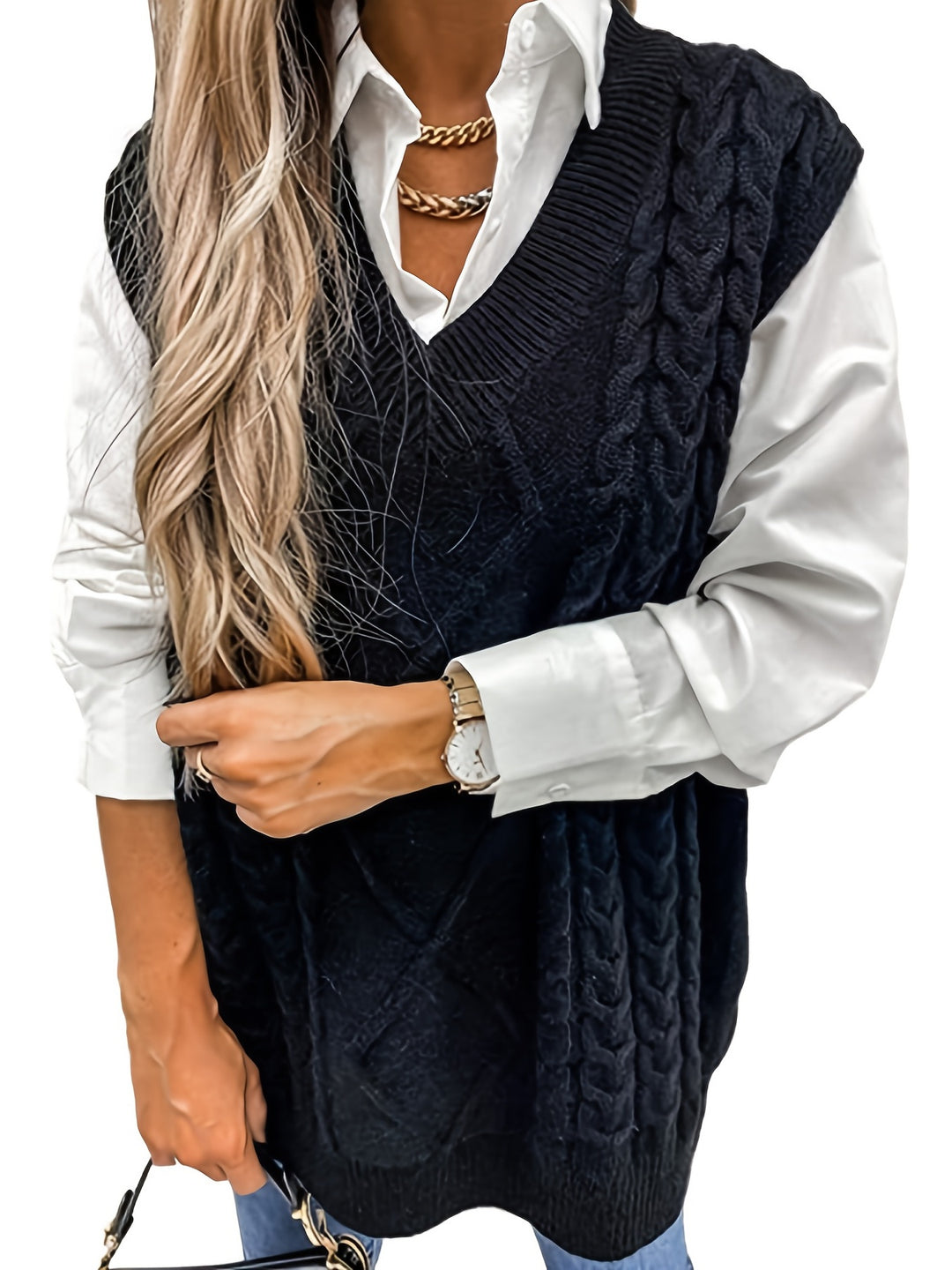 Genevieve | Cable-Knit V-Neck Sweater Vest