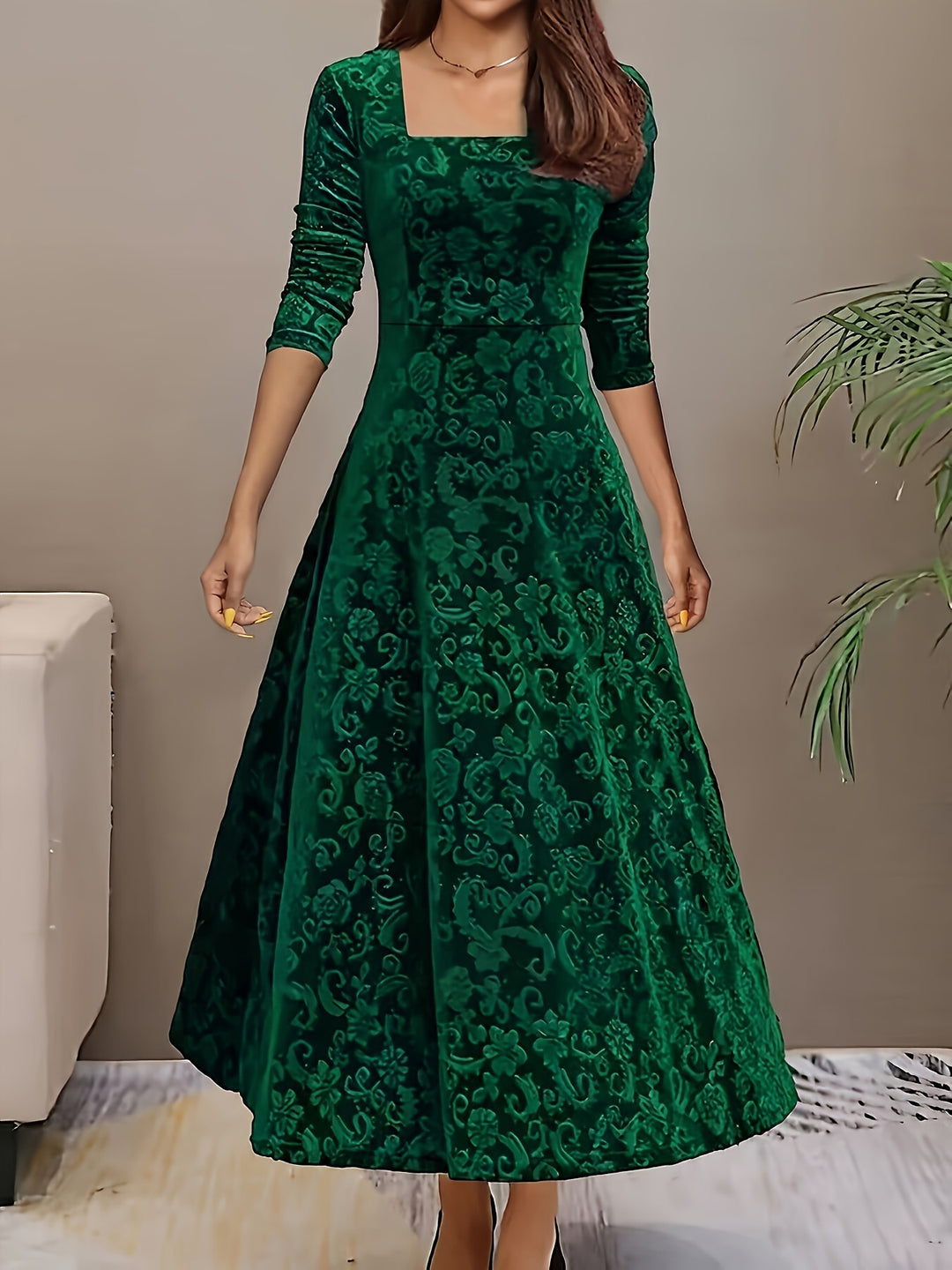 Rosalind | Elegant Floral Square Neck Dress