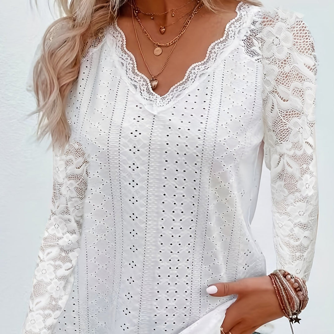Susanna | Lace-Sleeve Tie-Neck Top