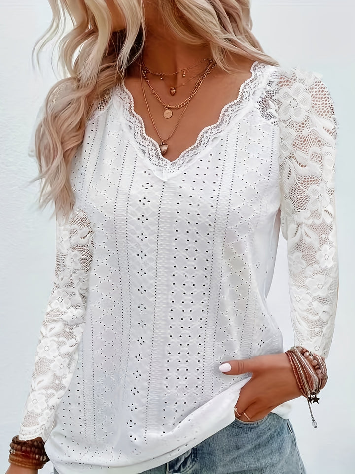 Susanna | Lace-Sleeve Tie-Neck Top
