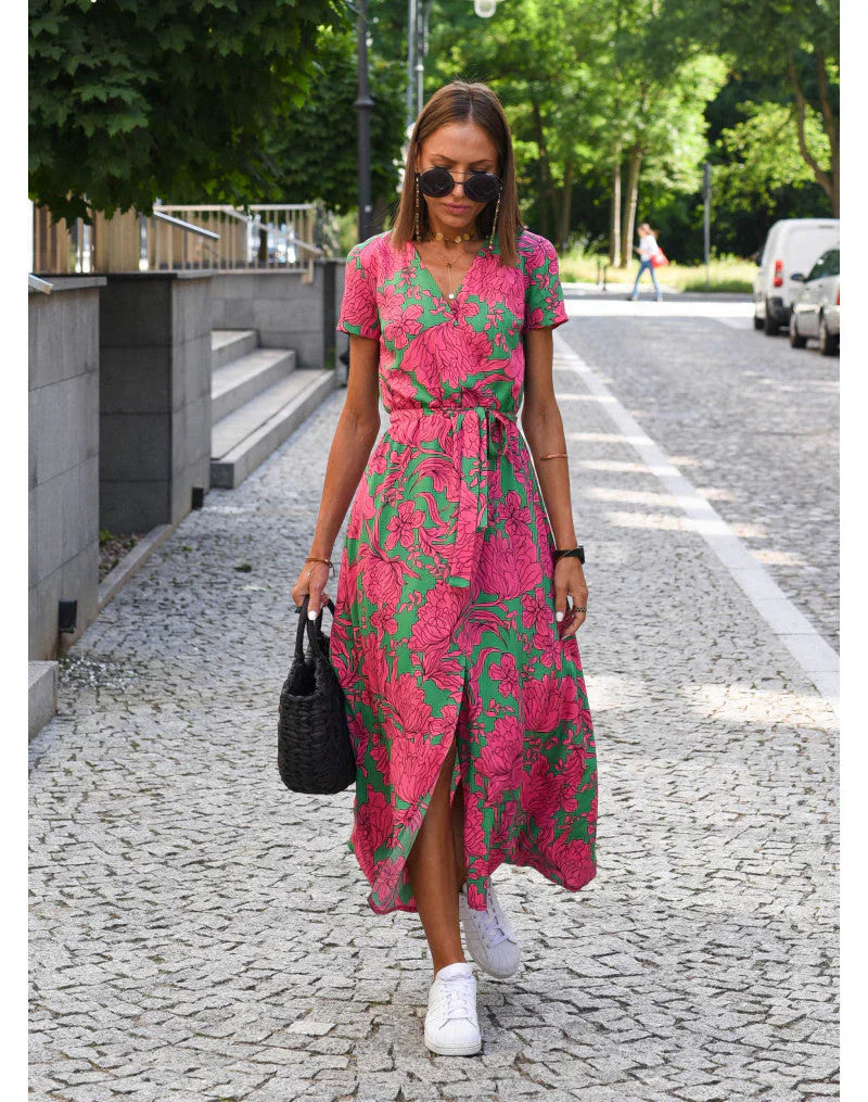 Eva | Elegant V Neck Flowing Midi Dress