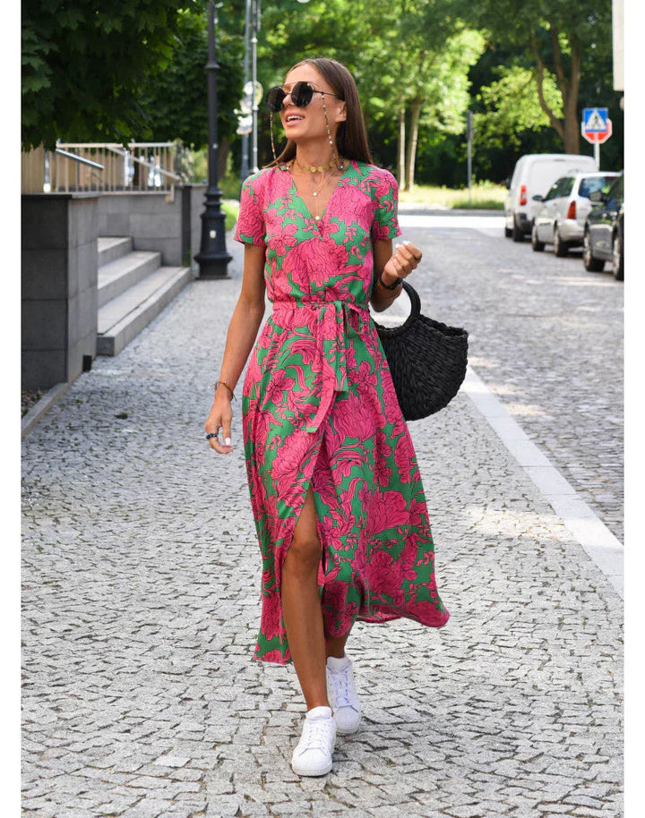 Eva | Elegant V Neck Flowing Midi Dress