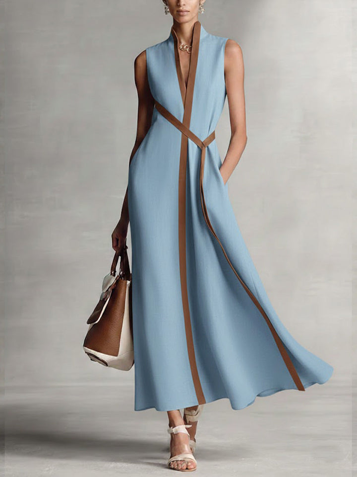 Lucille | Belted Contrast-Trim Midi Dress