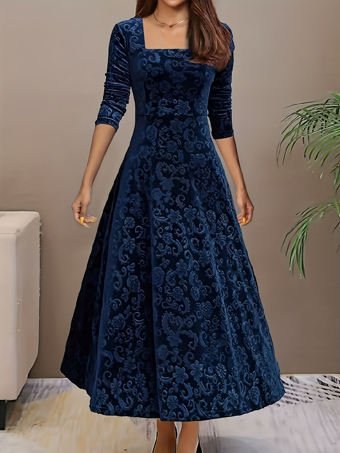 Rosalind | Elegant Floral Square Neck Dress