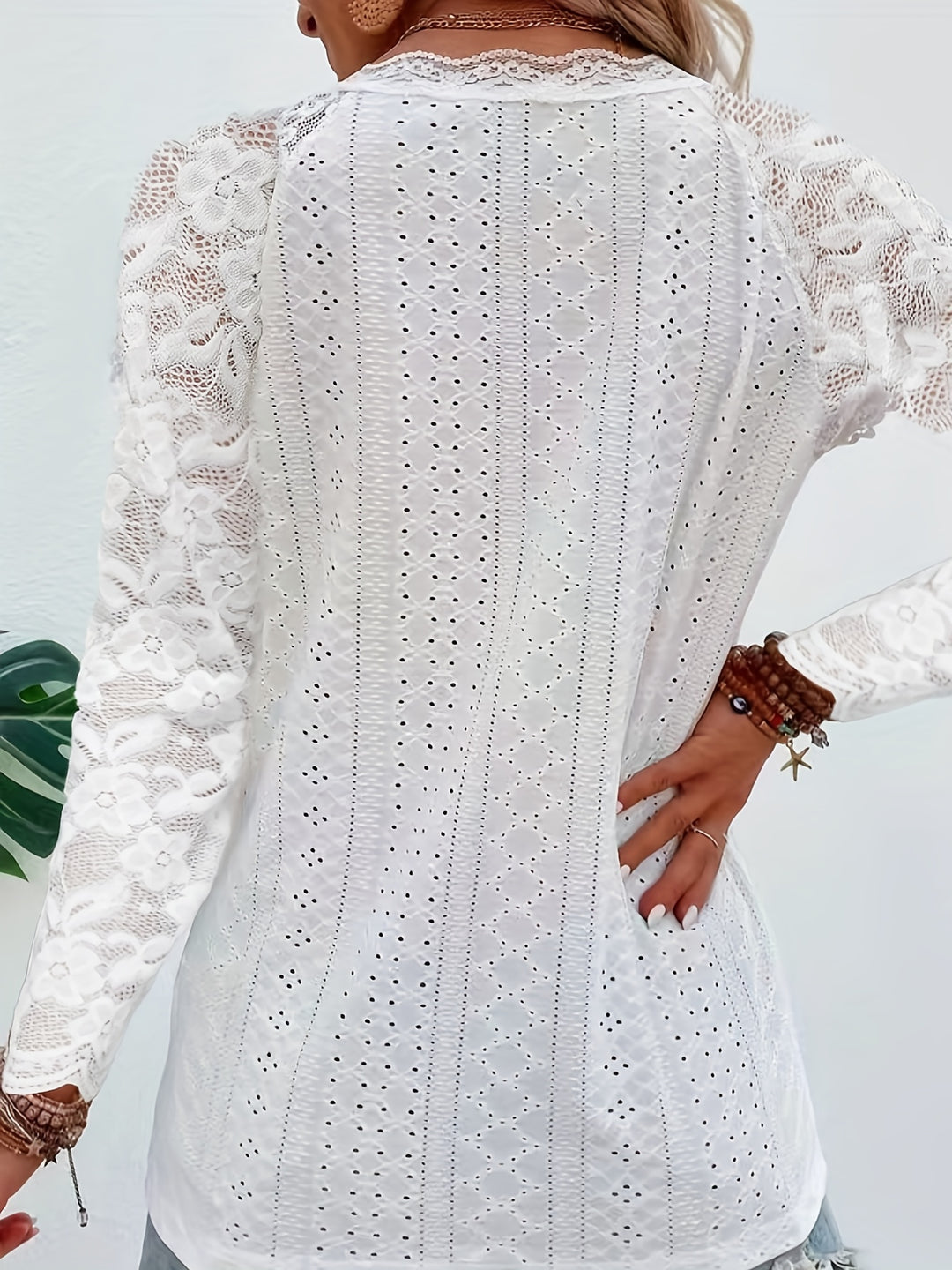Susanna | Lace-Sleeve Tie-Neck Top