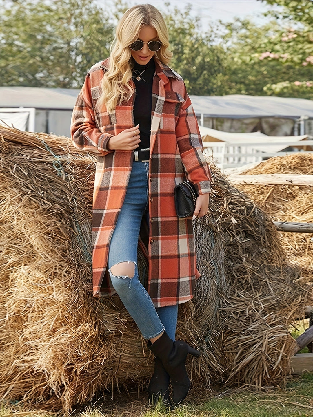 Linda | Cozy Long Plaid Button-Front Coat