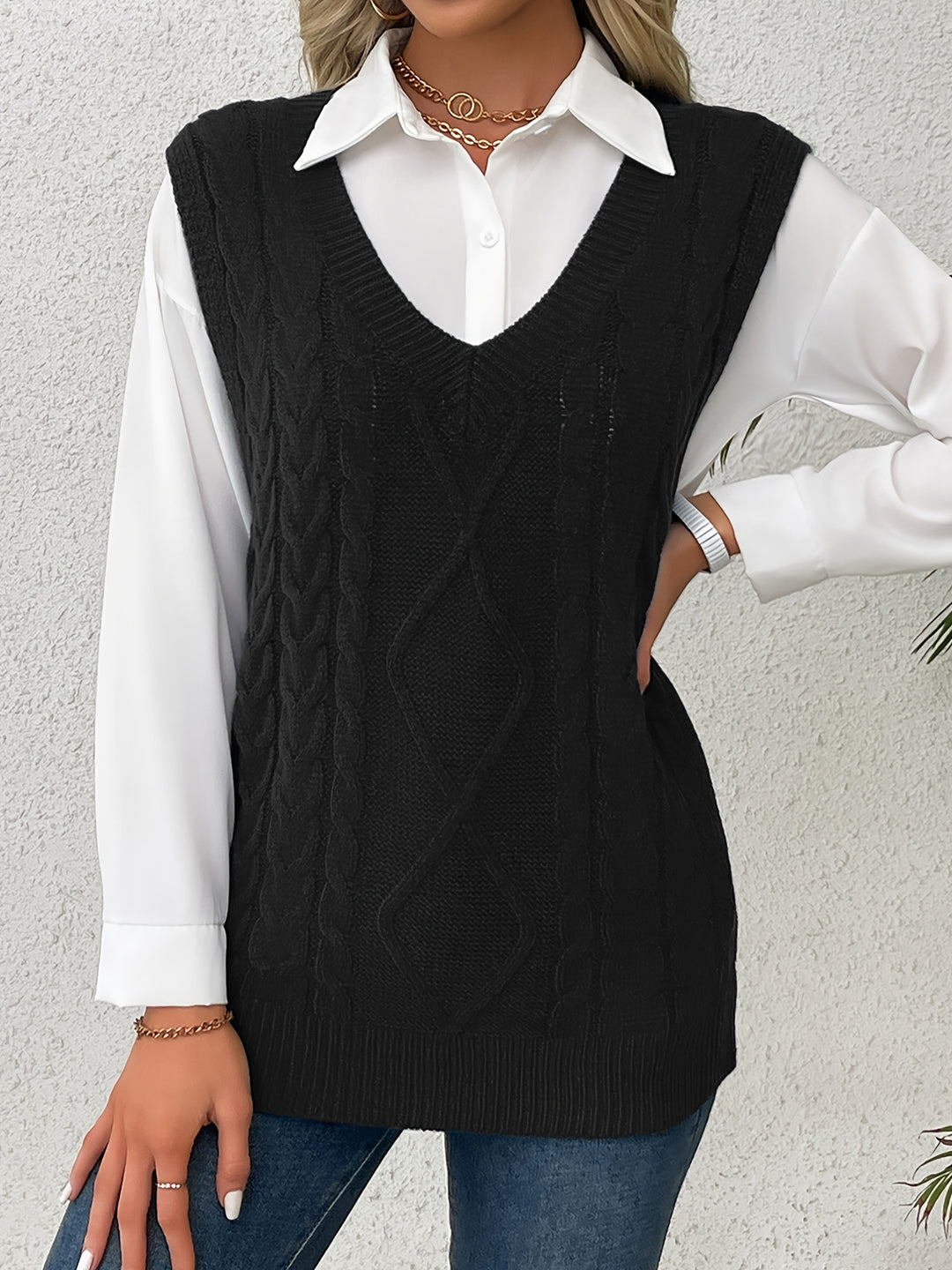 Genevieve | Cable-Knit V-Neck Sweater Vest