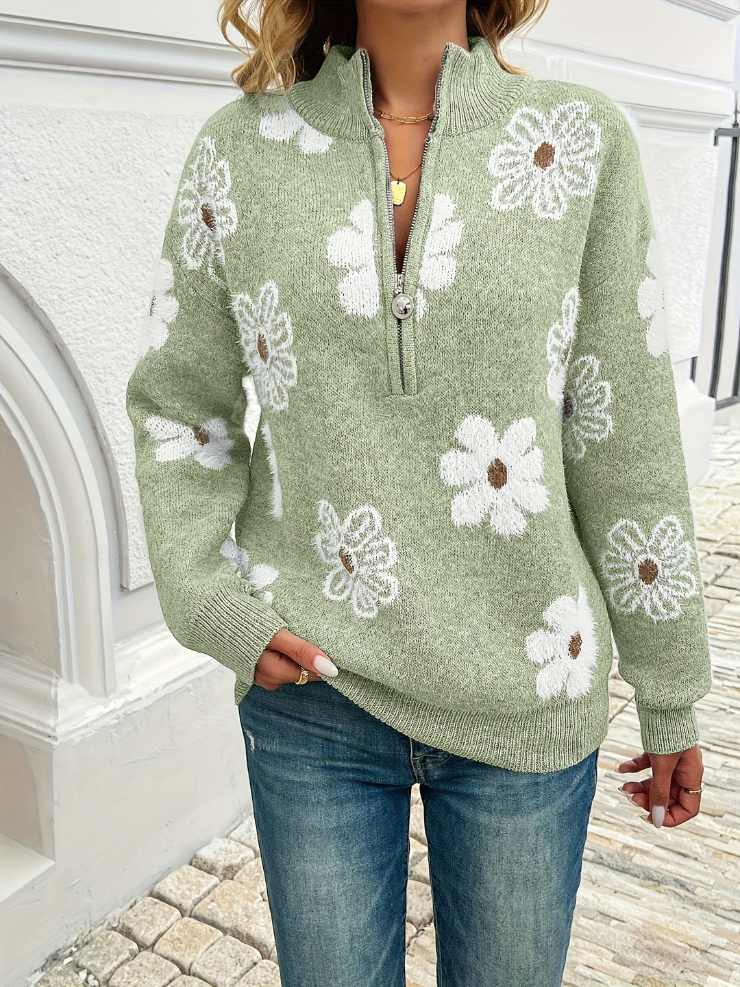 Marnie | Floral Half-Zip Pullover Sweater
