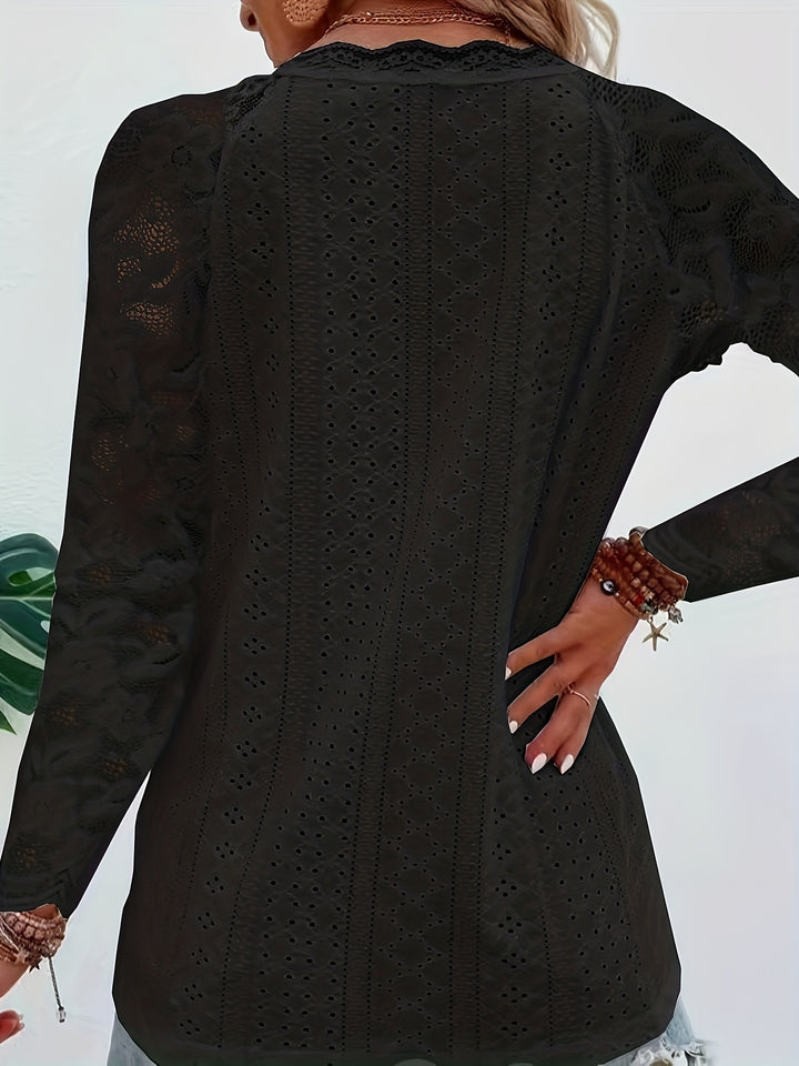 Susanna | Lace-Sleeve Tie-Neck Top