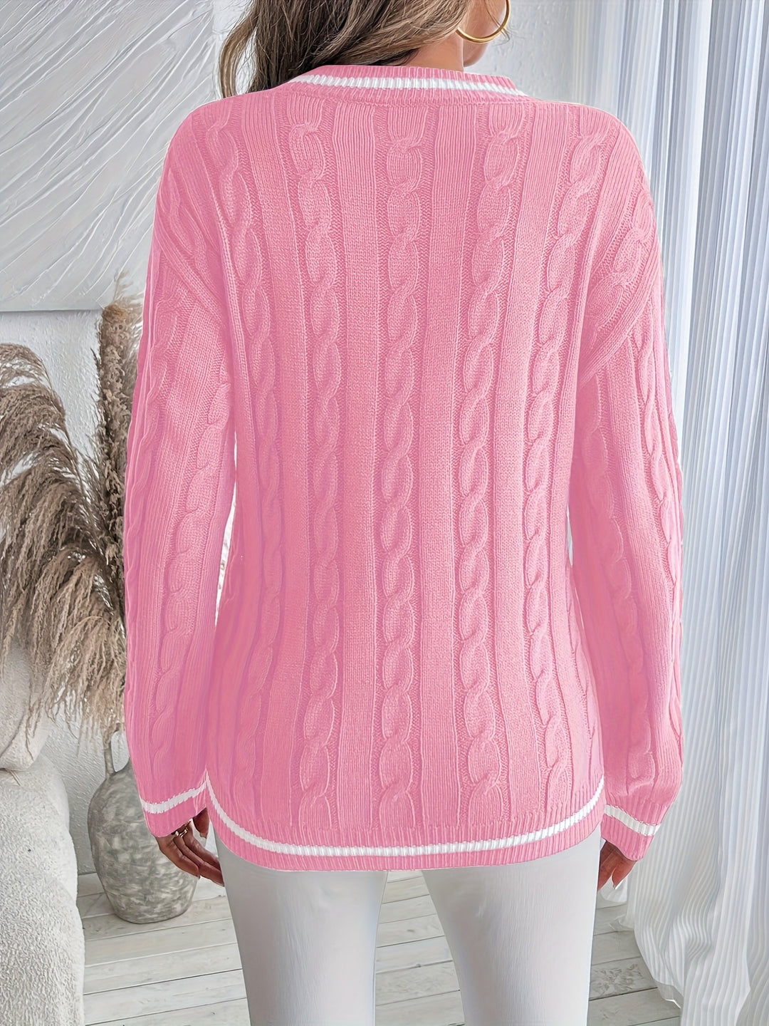 Lucinda | Striped-Trim Cable V-Neck Sweater