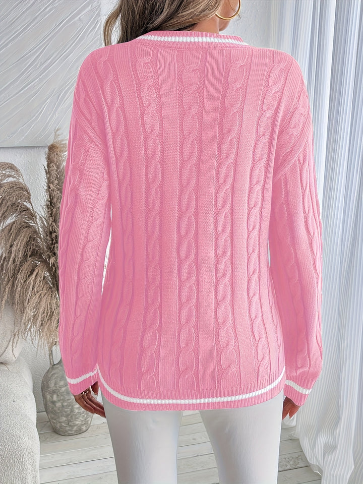 Lucinda | Striped-Trim Cable V-Neck Sweater