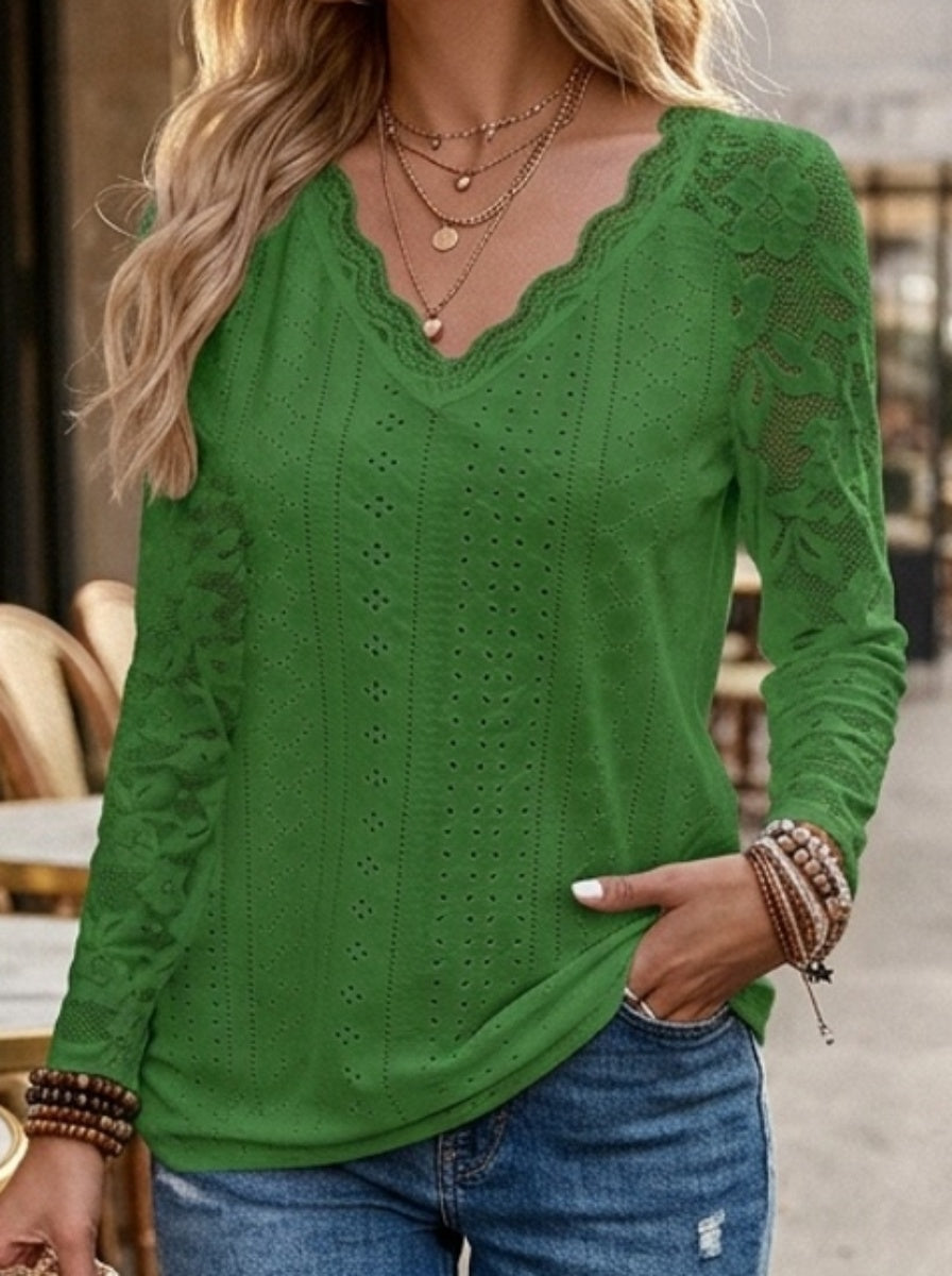 Susanna | Lace-Sleeve Tie-Neck Top