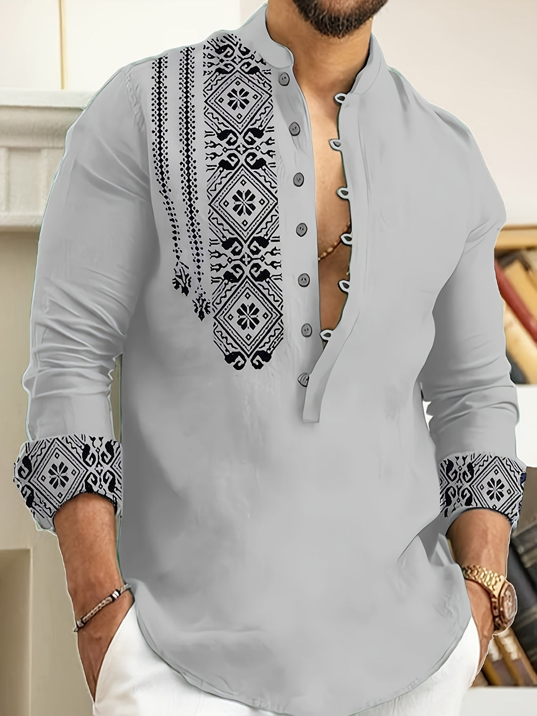 Rafael | Patterned Stand-Collar Henley Shirt