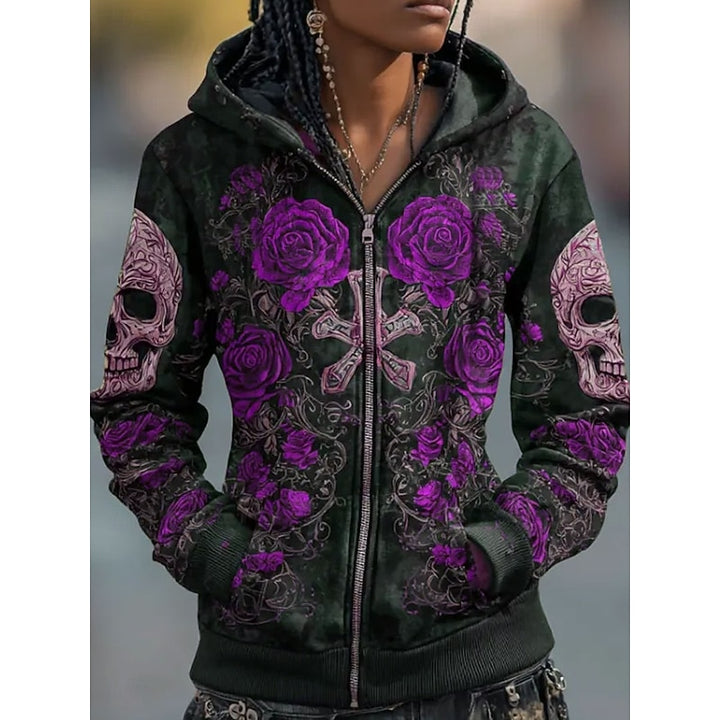 Ramona | Halloween Skull & Rose Zip-Up Hoodie