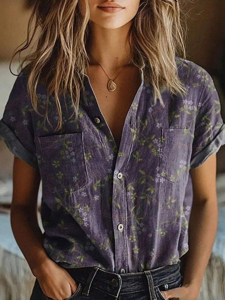 Maren | Floral Lapel Short-Sleeve Blouse
