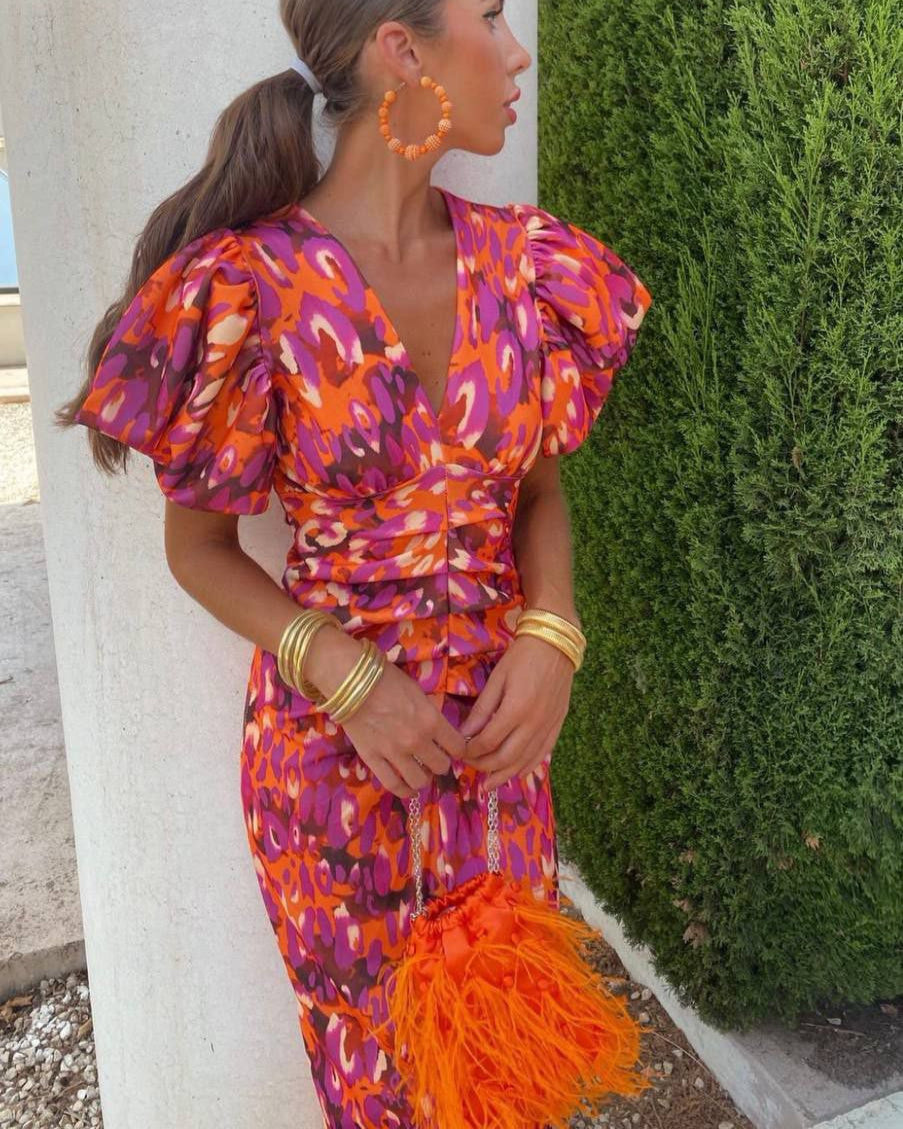 Marina | Elegant Puff Sleeve Midi Dress