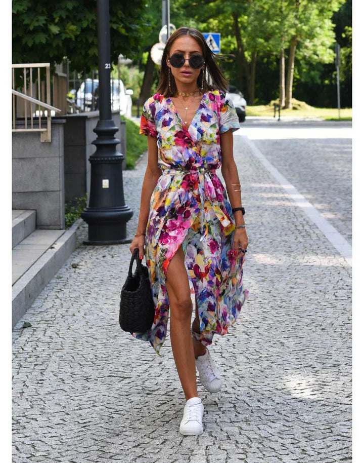 Eva | Elegant V Neck Flowing Midi Dress