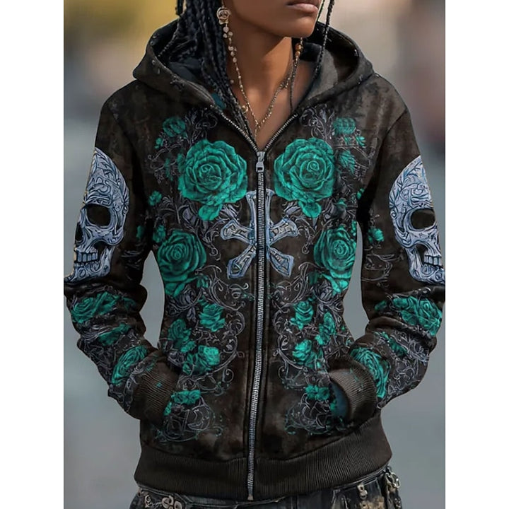 Ramona | Halloween Skull & Rose Zip-Up Hoodie