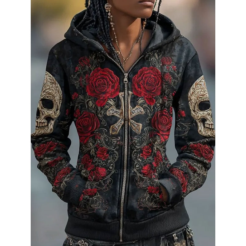 Ramona | Halloween Skull & Rose Zip-Up Hoodie