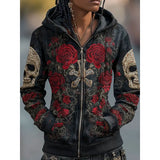 Ramona | Halloween Skull & Rose Zip-Up Hoodie
