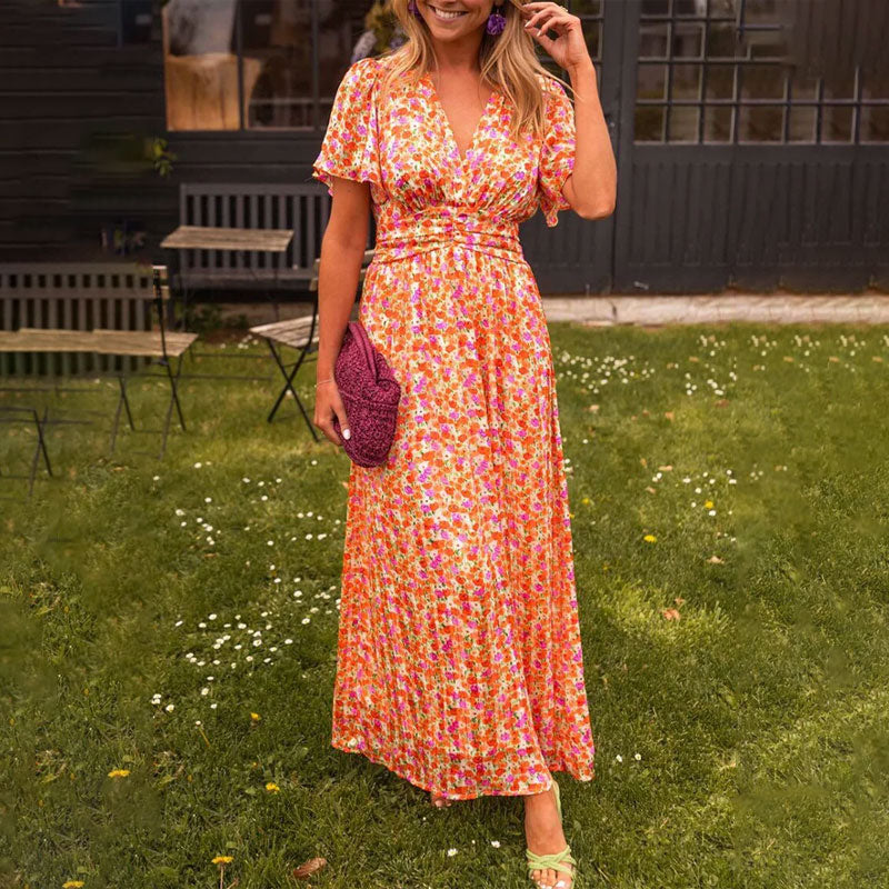 Emily | Classic Floral V Neck Dress