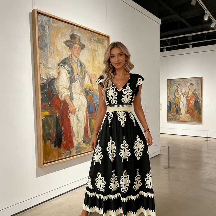 Estelle | Baroque-Print V-Neck Maxi Dress