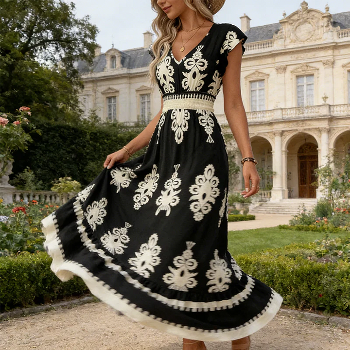 Estelle | Baroque-Print V-Neck Maxi Dress